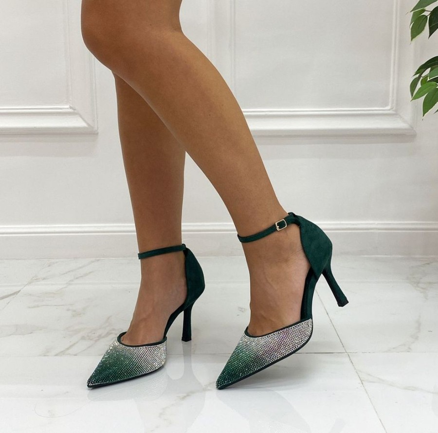 Decollete Primi Tacchi | Alexia - Decollete Donna Tacco Punta Strass Verde