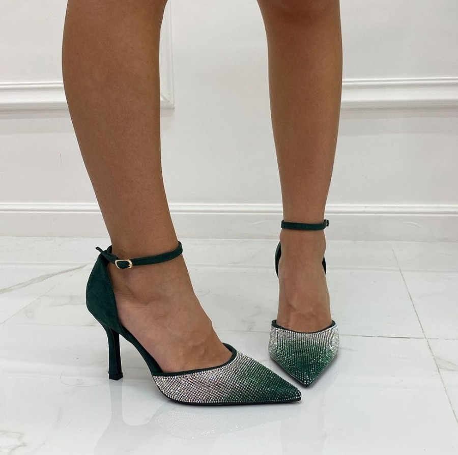 Decollete Primi Tacchi | Alexia - Decollete Donna Tacco Punta Strass Verde