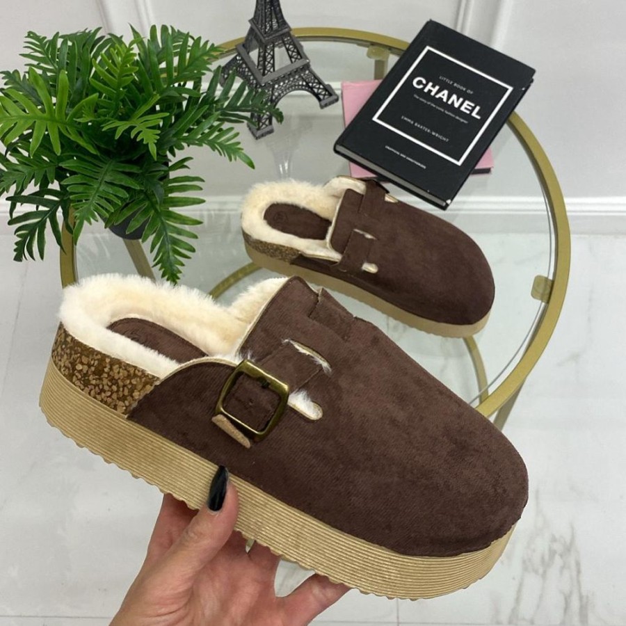 Mocassini & Scarpe Basse Primi Tacchi | Florence - Slippers Donna Scarpa Pelliccia Gomma Alta Casual Caldo Marrone