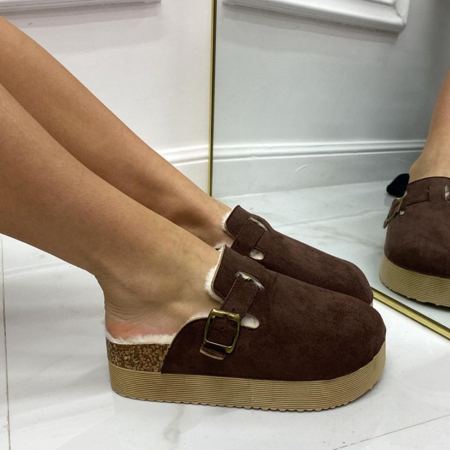 Mocassini & Scarpe Basse Primi Tacchi | Florence - Slippers Donna Scarpa Pelliccia Gomma Alta Casual Caldo Marrone