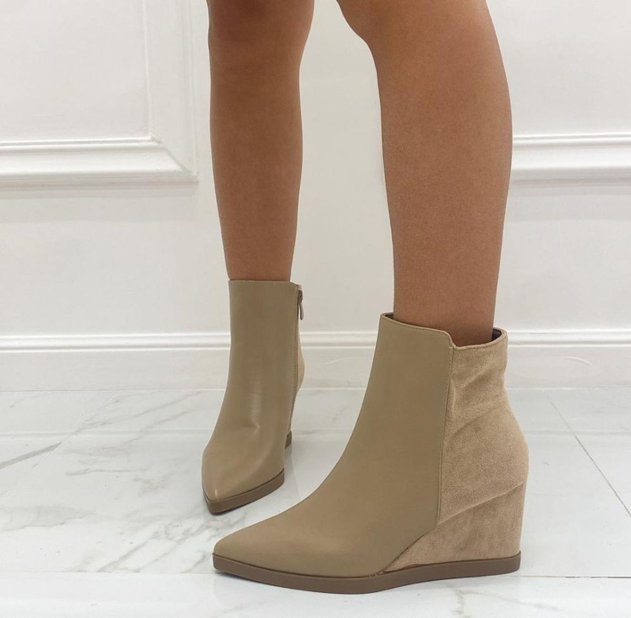 Sandali Con Tacco Primi Tacchi | Roby - Stivaletto Donna Tronchetto Scarpe Zeppa Punta Khaki