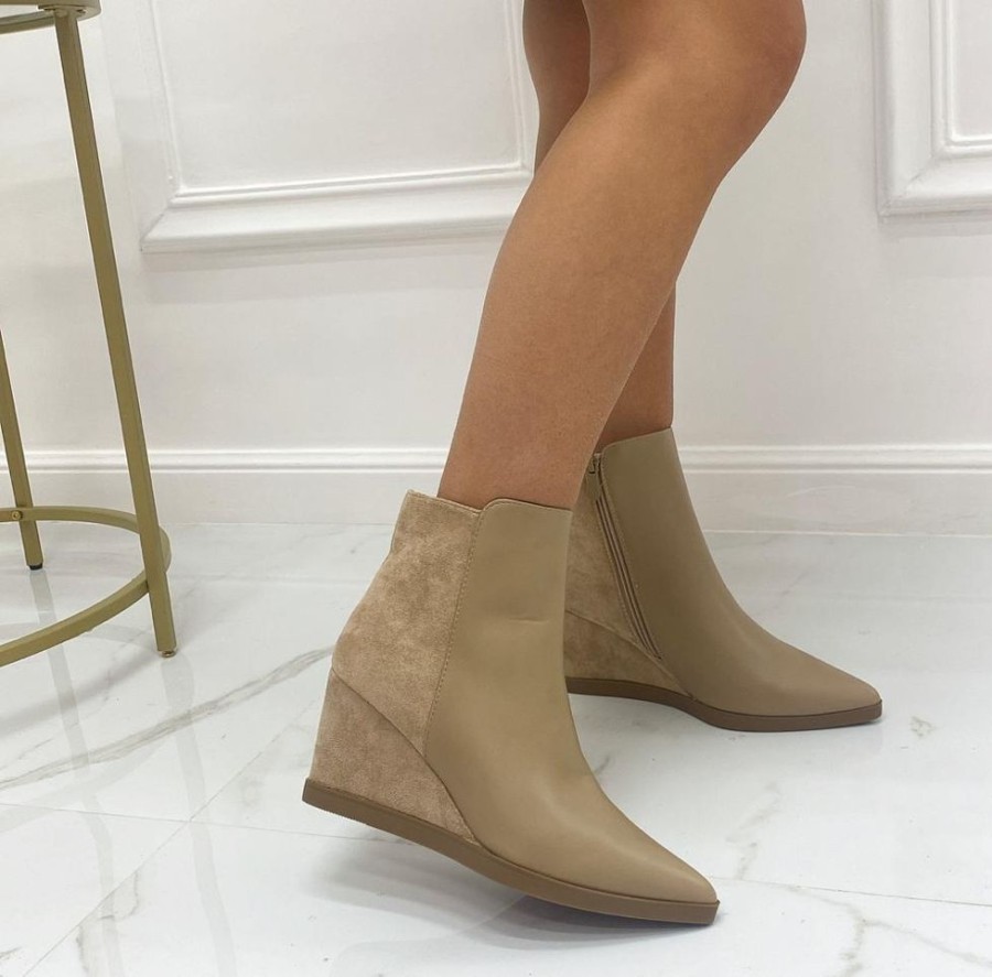 Sandali Con Tacco Primi Tacchi | Roby - Stivaletto Donna Tronchetto Scarpe Zeppa Punta Khaki