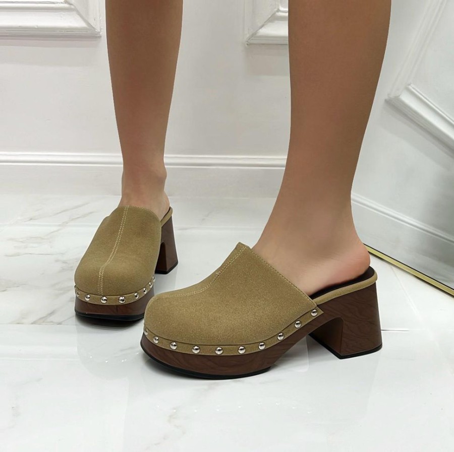 Scarpe Con Tacco Primi Tacchi | Harper - Sabot Mules Donna Flat Tacco Tallone Scoperto Khaki Beige