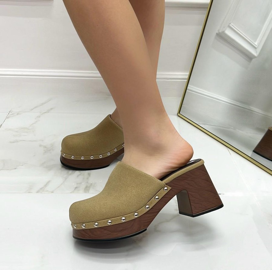 Scarpe Con Tacco Primi Tacchi | Harper - Sabot Mules Donna Flat Tacco Tallone Scoperto Khaki Beige