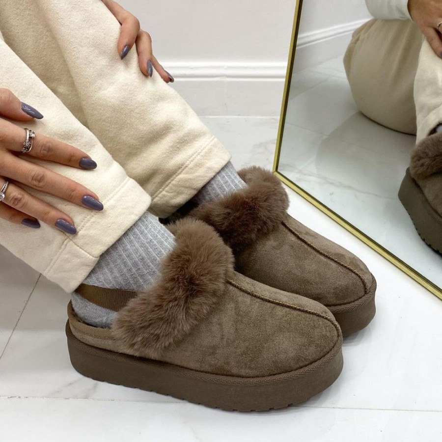 Mocassini & Scarpe Basse Primi Tacchi | Monique - Slippers Donna Scarpa Pelliccia Gomma Alta Casual Caldo Khaki