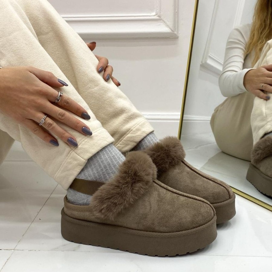 Mocassini & Scarpe Basse Primi Tacchi | Monique - Slippers Donna Scarpa Pelliccia Gomma Alta Casual Caldo Khaki