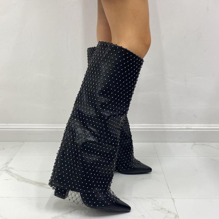 Stivali Primi Tacchi | Belle - Stivale Donna Scarpa Punta Tacco Quadrato Strass Nero