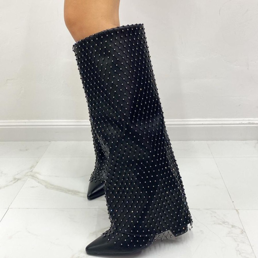 Stivali Primi Tacchi | Belle - Stivale Donna Scarpa Punta Tacco Quadrato Strass Nero