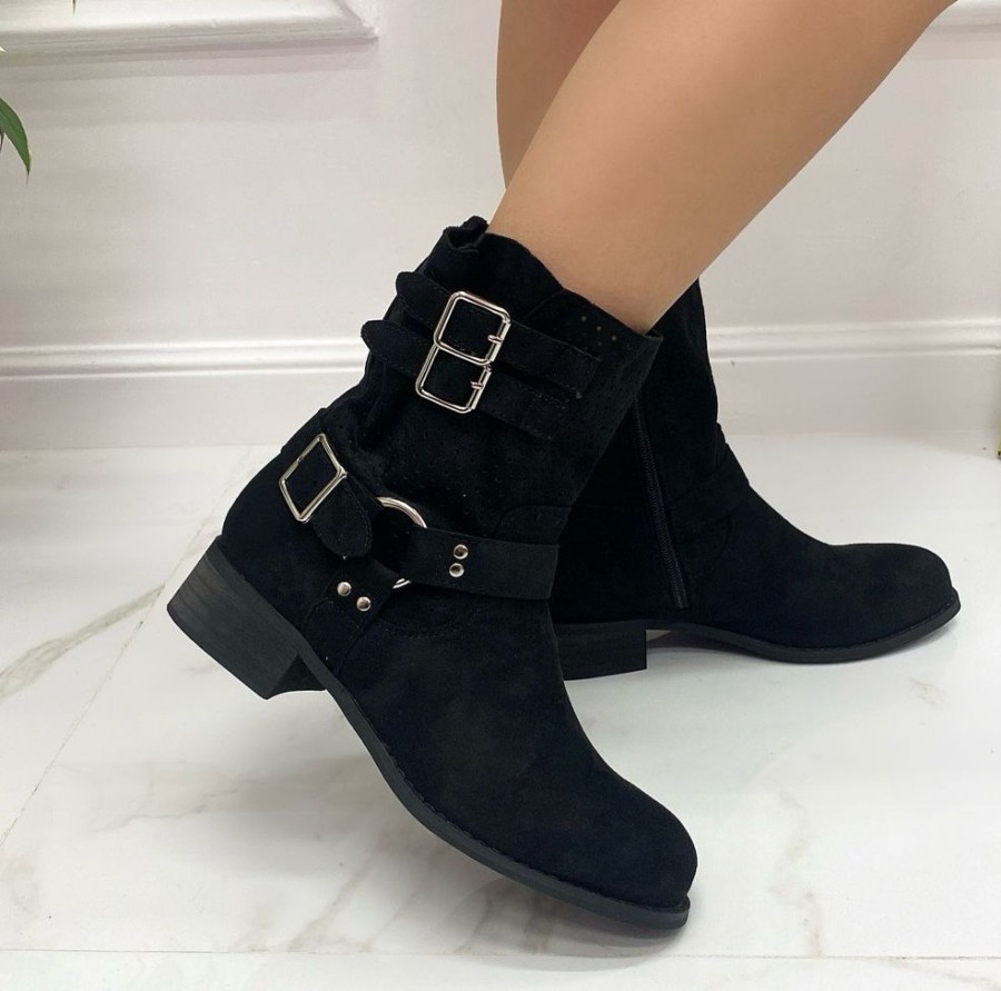 Stivaletti Primi Tacchi | Karyn - Stivaletto Anfibio Donna Scarpa Basso Casual Fibbie Nero