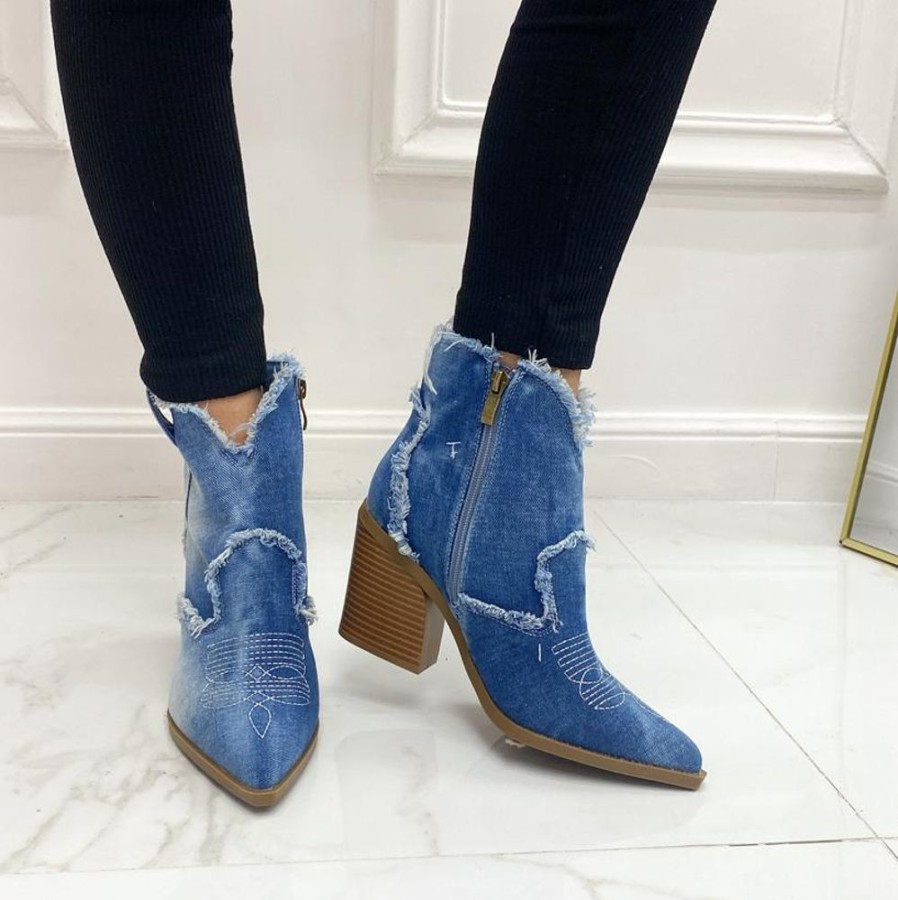 Texani Primi Tacchi | Dea - Stivaletto Texani Donna Scarpa Punta Tacco Denim