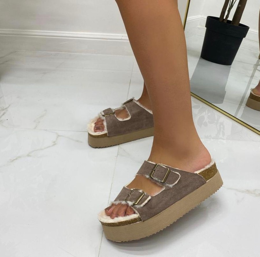 Mocassini & Scarpe Basse Primi Tacchi | Teddy - Ciabatte Slippers Ecopelliccia Donna Comode Gomma Alta Khaki