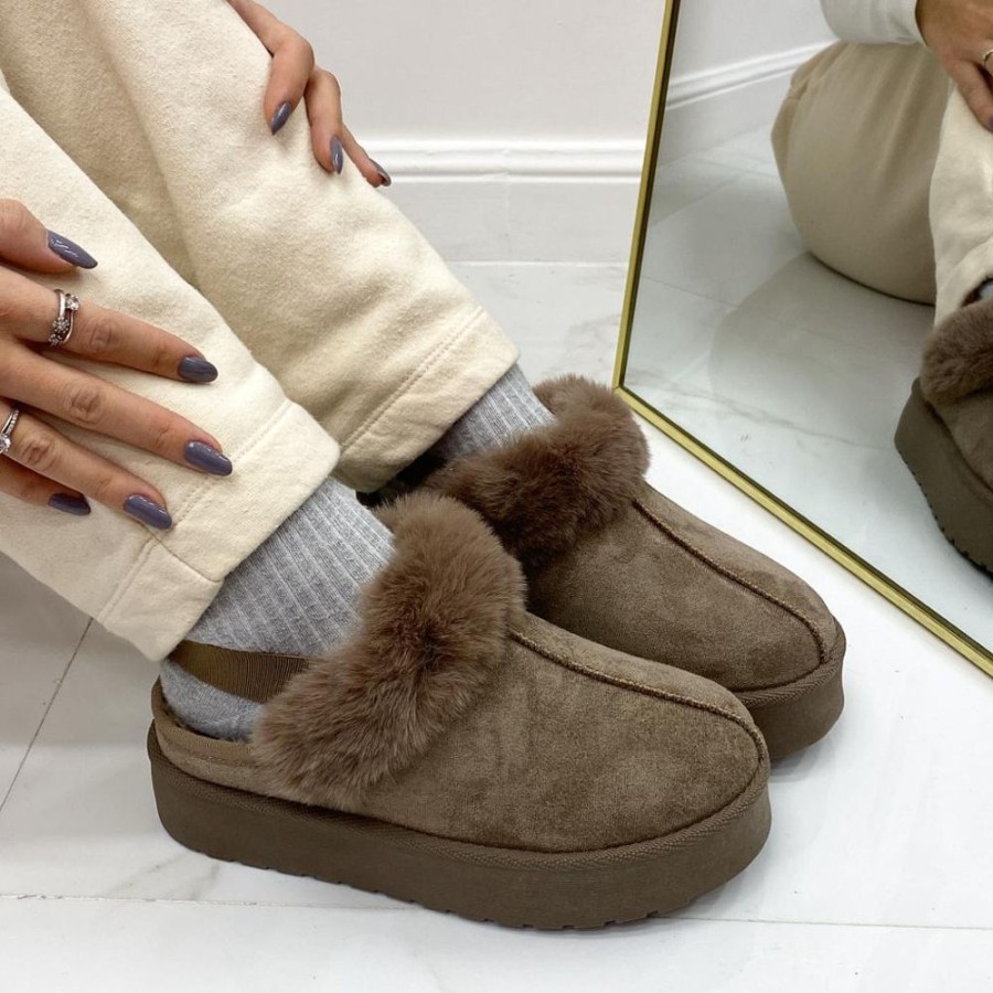 Eskimo Boots Primi Tacchi | Monique - Slippers Donna Scarpa Pelliccia Gomma Alta Casual Caldo Khaki