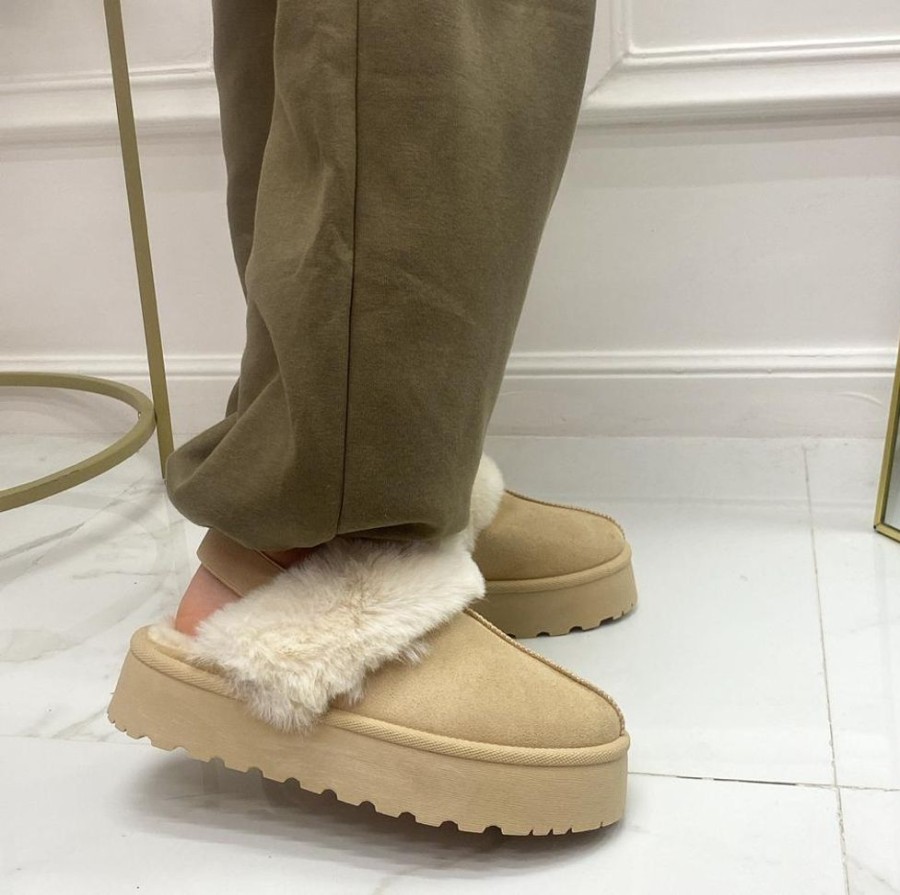 Eskimo Boots Primi Tacchi | Monique - Slippers Donna Scarpa Pelliccia Gomma Alta Casual Caldo Beige