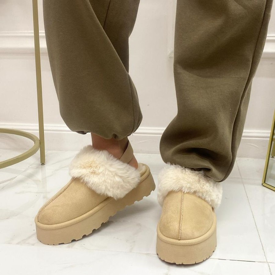 Eskimo Boots Primi Tacchi | Monique - Slippers Donna Scarpa Pelliccia Gomma Alta Casual Caldo Beige