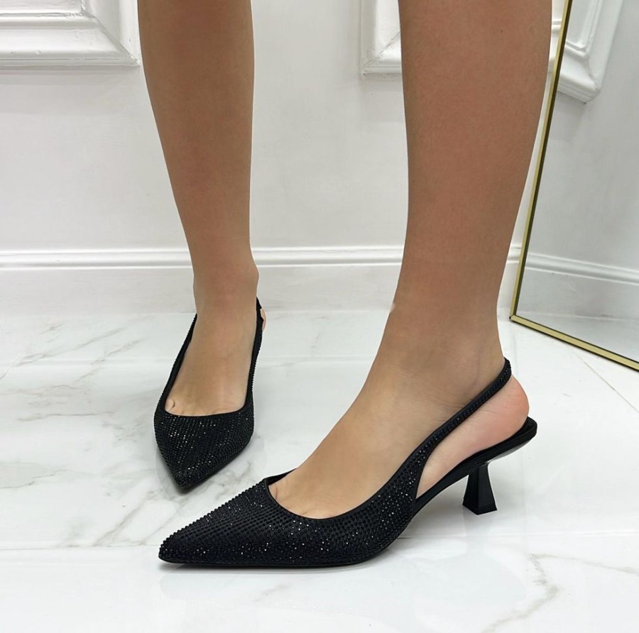 Decollete Primi Tacchi | Tyla - Decollete Donna Scarpe Tacco Punta Casual Elegante Strass Nero