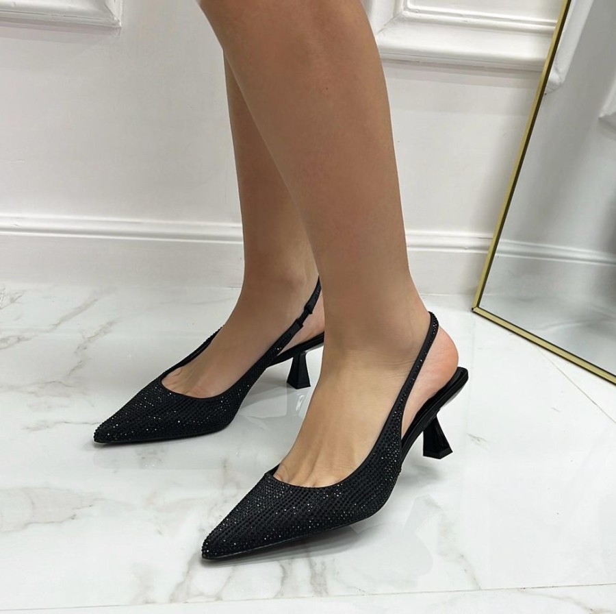 Decollete Primi Tacchi | Tyla - Decollete Donna Scarpe Tacco Punta Casual Elegante Strass Nero