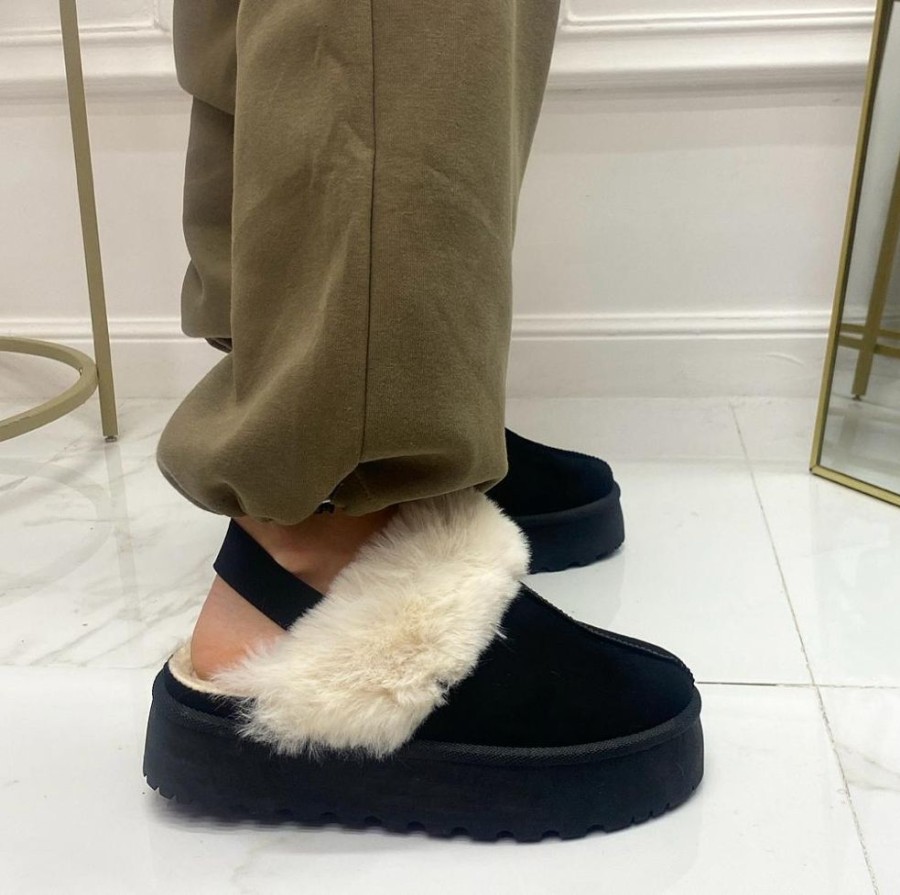 Eskimo Boots Primi Tacchi | Monique - Slippers Donna Scarpa Pelliccia Gomma Alta Casual Caldo Bianco Nero