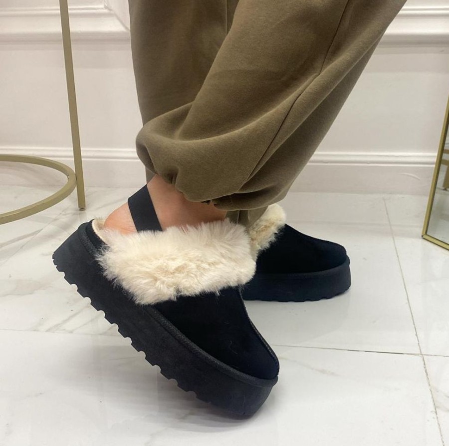 Eskimo Boots Primi Tacchi | Monique - Slippers Donna Scarpa Pelliccia Gomma Alta Casual Caldo Bianco Nero